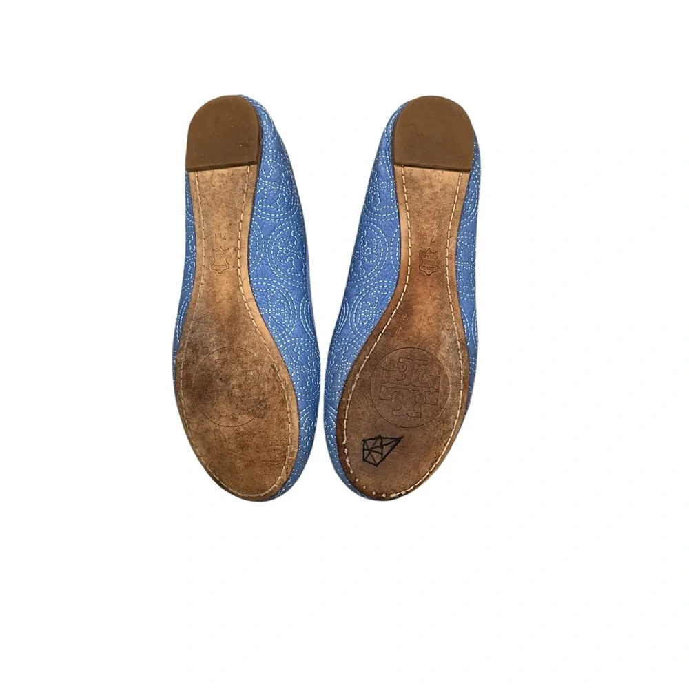 TORY BURCH CHELSEA LIGHT OCEAN BLUE BALLET TOE BOW CHARM ROUND TOE FLATS 7